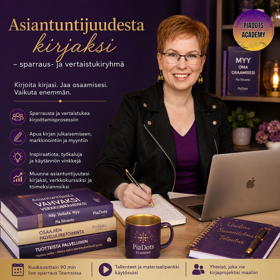 Asiantuntijuudesta kirjaksi - sparraus -ja vertaistukiryhmä by PiaDots Academy